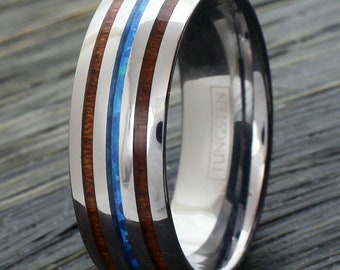 Tungsten Koa Wood & Blue Opal Wedding Band Ring