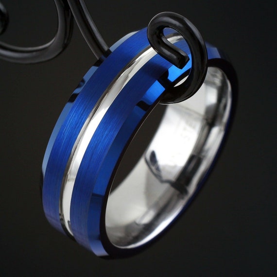 Blue Tungsten Thin Silver Line Wedding Band Ring for Men and - Etsy