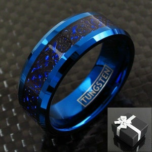 Blue Tungsten Black Celtic Dragon Stripe Band Ring Men&#39;s Jewelry