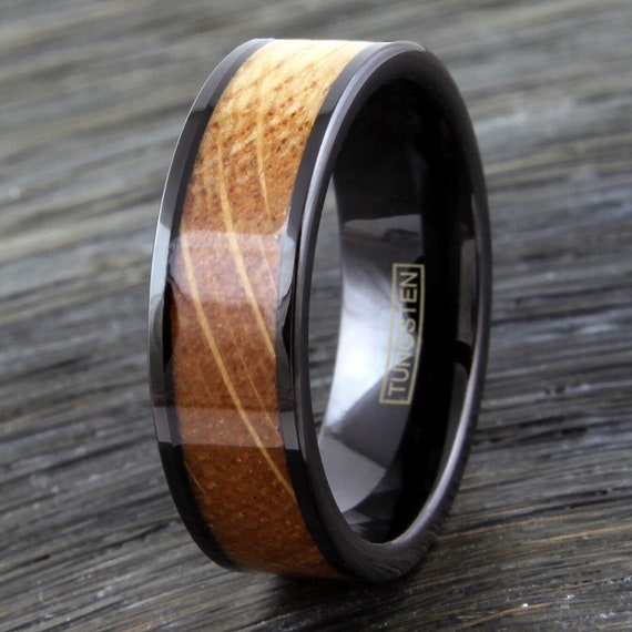 Black Tungsten Whiskey Barrel Wood Wedding Band Ring - Etsy