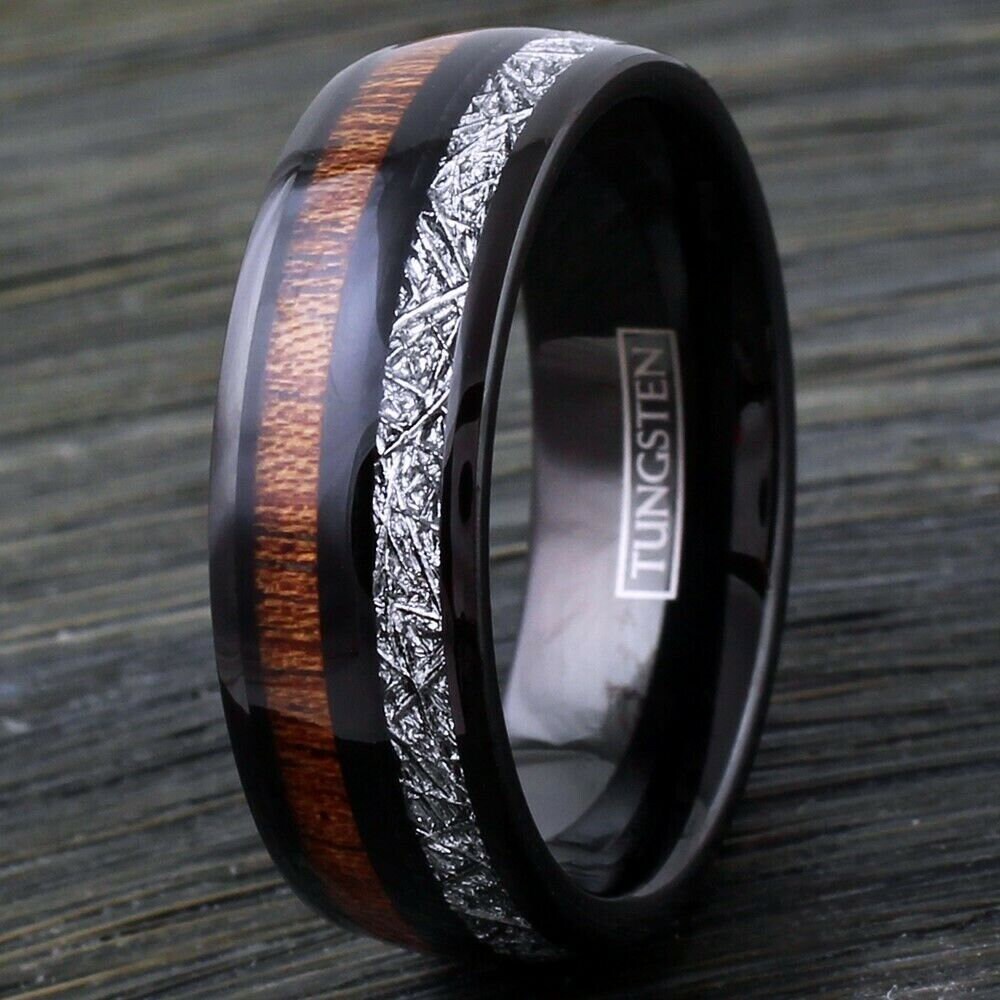 Black Tungsten Wood and Meteorite Wedding Band Ring | Etsy