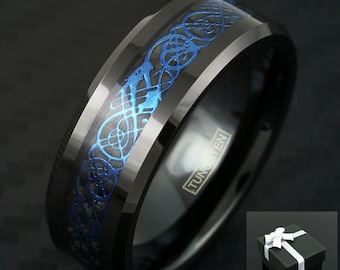 Black Tungsten Blue Carbon Fiber Celtic Dragon Wedding Band Ring