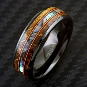 Black Tungsten Whiskey Barrel Wood With Abalone & Guitar String Mens Wedding Band Ring