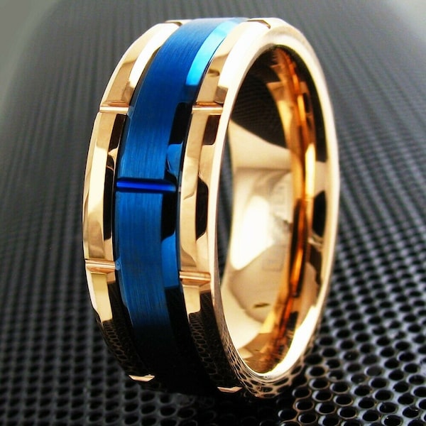 Tungsten Men's Rose Gold Brushed Blue Grooved Wedding Band Ring