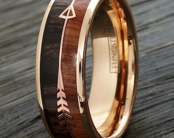Rose Gold Tungsten Wood & Arrow Wedding Band Ring for Men and Women
