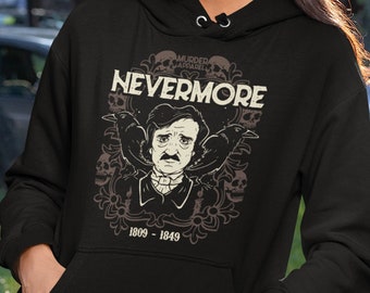 May include: Black hoodie with a graphic print of Edgar Allan Poe, two ravens, and the text "NEVERMORE" with the words "MURDER APPAREL" above the text. The graphic also includes the dates "1809 - 1849".