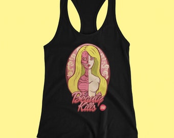 Puede incluir: Camiseta sin mangas negra con un gráfico de la cara de una mujer, mitad normal y mitad esquelética. El diseño incluye el texto "Beauty Kills" en escritura rosa, con una pequeña insignia. La camiseta sin mangas es de material suave.