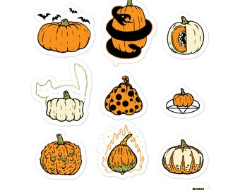 May include: Nine sticker designs featuring various pumpkins, a cat, and a snake. The pumpkins are orange, green, and white with different patterns. The cat is white and the snake is black. The stickers are all on a white background.