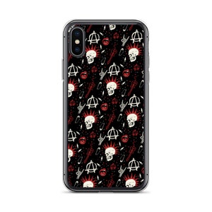 May include: A black iPhone case with a punk rock design. The case features a repeating pattern of skulls, anarchy symbols, safety pins, and guitars. The design is in red and white.