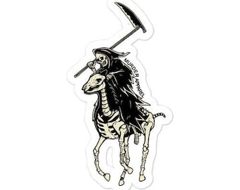 May include: A black and white sticker featuring a skeleton riding a skeletal horse. The skeleton is wearing a hooded robe and holding a scythe. The text "MURDER APPAREL" is written vertically on the right side of the sticker.