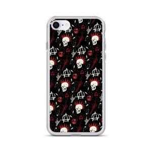 May include: A clear phone case with a black background and a repeating pattern of white skulls with red mohawks, anarchy symbols, safety pins, and guitars.