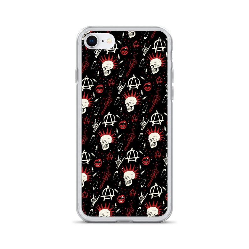May include: A clear phone case with a black background and a repeating pattern of white skulls with red mohawks, anarchy symbols, safety pins, and guitars.