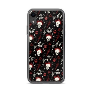 May include: A clear phone case with a black background and a repeating pattern of white anarchy symbols, red lips, guitar picks, safety pins, and white skulls with red mohawks.