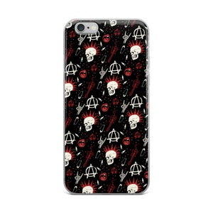 May include: A black iPhone case with a punk rock themed design. The case features a repeating pattern of skulls, anarchy symbols, safety pins, and guitars in red and white.