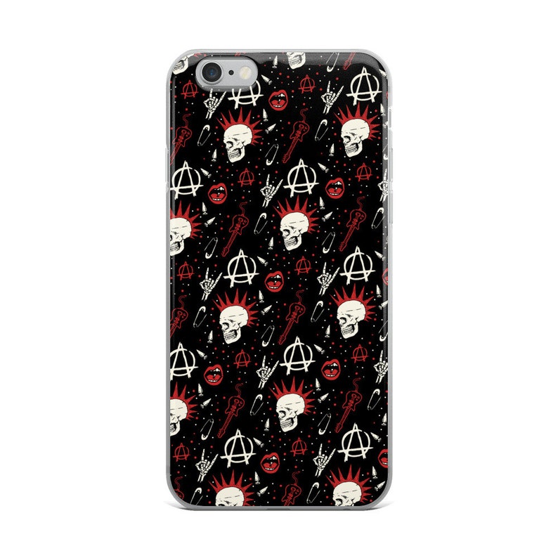 May include: A black iPhone case with a punk rock themed design. The case features a repeating pattern of skulls, anarchy symbols, safety pins, and guitars in red and white.
