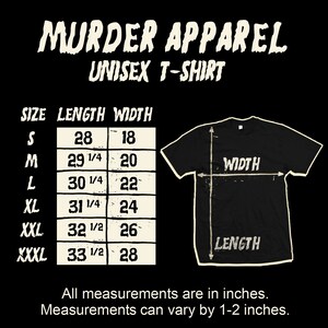May include: A black unisex t-shirt size chart with measurements in inches. The chart shows the length and width of the shirt in different sizes: S, M, L, XL, XXL, XXXL.