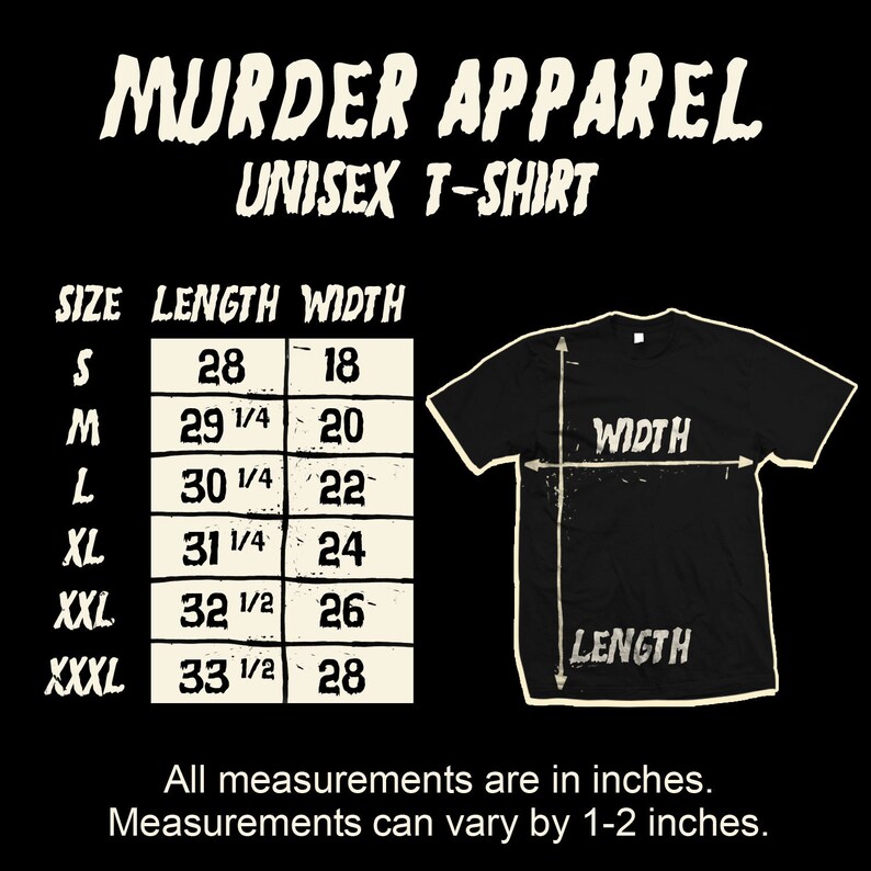 May include: A black unisex t-shirt size chart with measurements in inches. The chart shows the length and width of the shirt in different sizes: S, M, L, XL, XXL, XXXL.