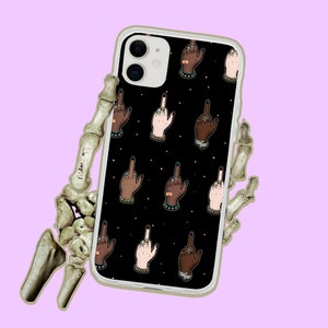 May include: A black phone case with a white border and a pattern of colorful middle fingers with rings on them. The phone case has a camera cutout and a white background.