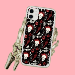 May include: Black and white phone case with a punk rock design. The case features skulls, anarchy symbols, safety pins, and guitars.