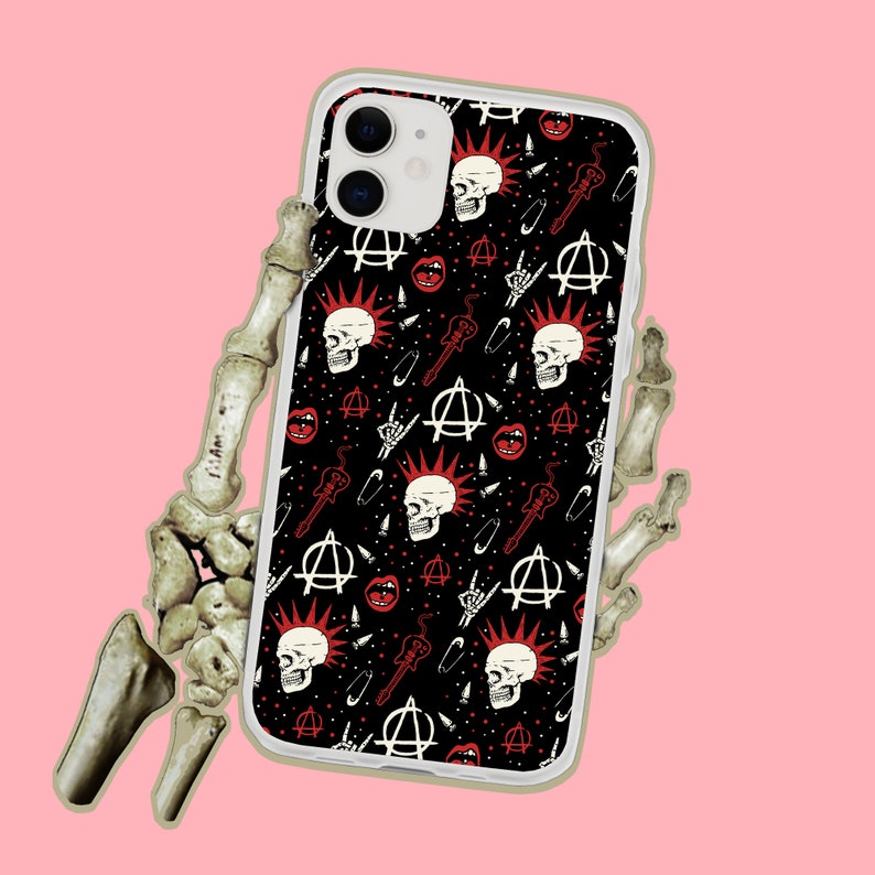 May include: Black and white phone case with a punk rock design. The case features skulls, anarchy symbols, safety pins, and guitars.