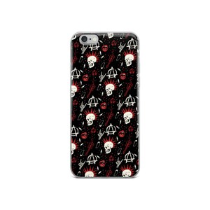 May include: A clear phone case with a black background and a repeating pattern of white skulls with red mohawks, anarchy symbols, safety pins, and guitars.