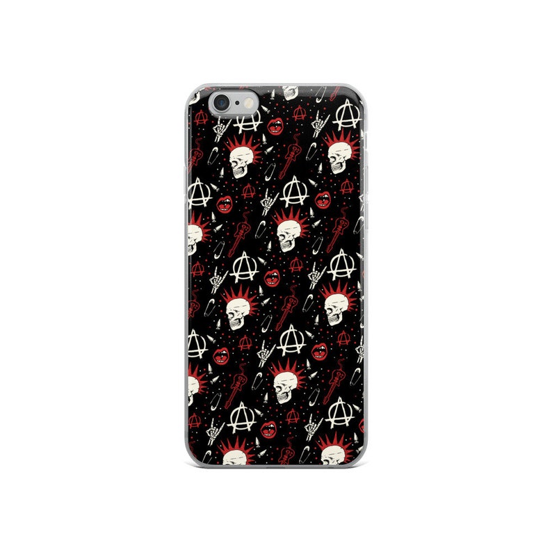 May include: A clear phone case with a black background and a repeating pattern of white skulls with red mohawks, anarchy symbols, safety pins, and guitars.