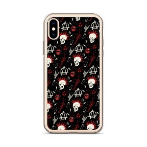 May include: A clear phone case with a black background and a pattern of white skulls, red lips, anarchy symbols, safety pins, and guitars.