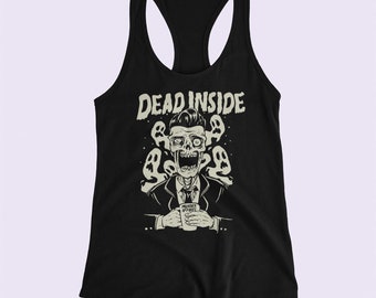 May include: Black tank top with a white graphic of a skeleton with a coffee mug that says "Murder Coffee". The skeleton is surrounded by ghosts and the text "Dead Inside" is above the skeleton.