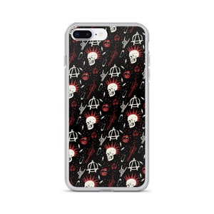 May include: A clear phone case with a black background and a repeating pattern of red and white punk rock symbols, including skulls, anarchy symbols, safety pins, and guitars.