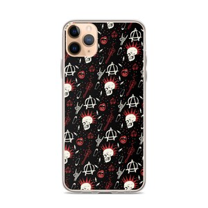 May include: A black iPhone case with a white and red punk rock design. The design features skulls, safety pins, anarchy symbols, and guitars.