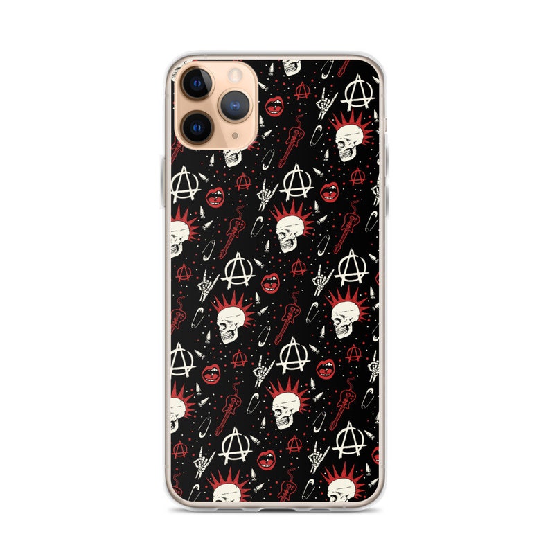 May include: A black iPhone case with a white and red punk rock design. The design features skulls, safety pins, anarchy symbols, and guitars.