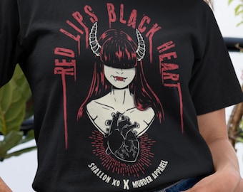 Red Lips Black Heart Goth Satan Girl T-Shirt