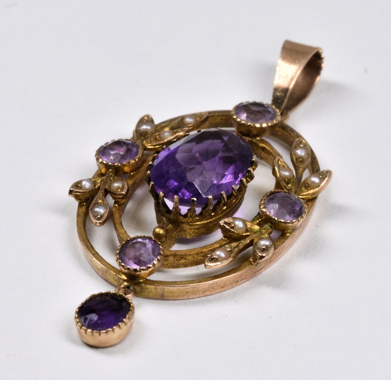 c1880 Antique Victorian 9ct Gold Amethyst /& Seed Pearl Pendant