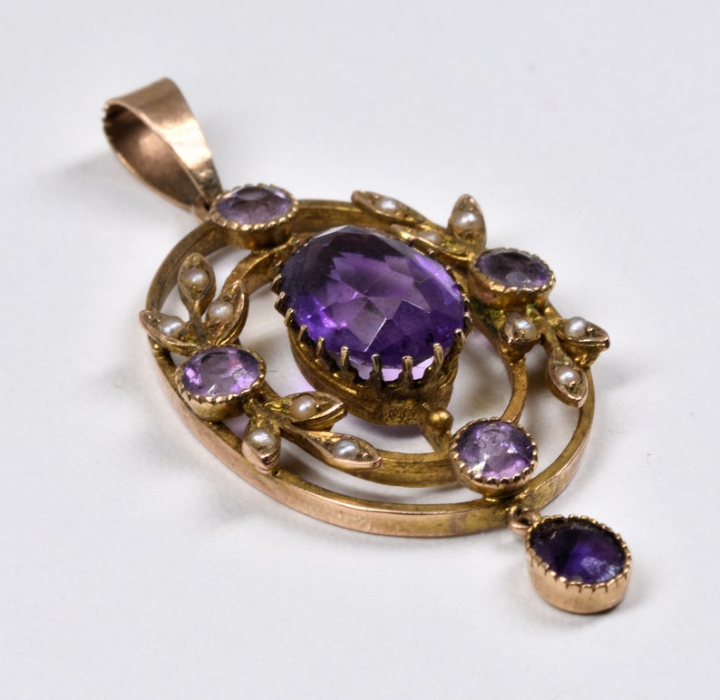 c1880 Antique Victorian 9ct Gold Amethyst /& Seed Pearl Pendant