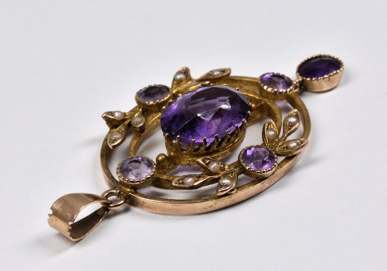 c1880 Antique Victorian 9ct Gold Amethyst /& Seed Pearl Pendant