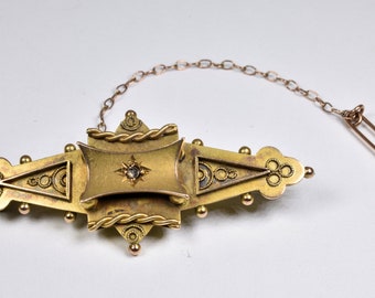 Antique Victorian 9ct Gold Diamond Mourning Brooch, (1898) Original Box