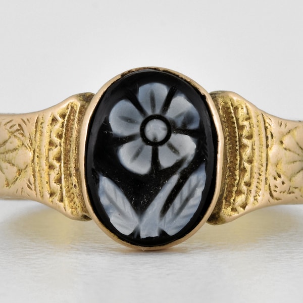 Antique Victorian 15ct Gold Sardonyx Forget Me Not Hair Mourning Ring, 1870