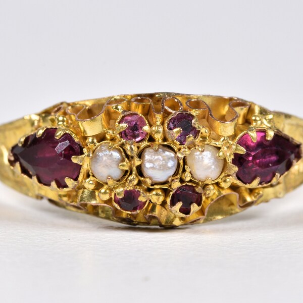 Antique Victorian 9ct Gold Glass & Seed Pearl Ring, Birmingham 1881