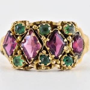 Antique Early Victorian 18ct Gold Almandine garnet & Green Paste Ring, UK L, USA 5 3/4