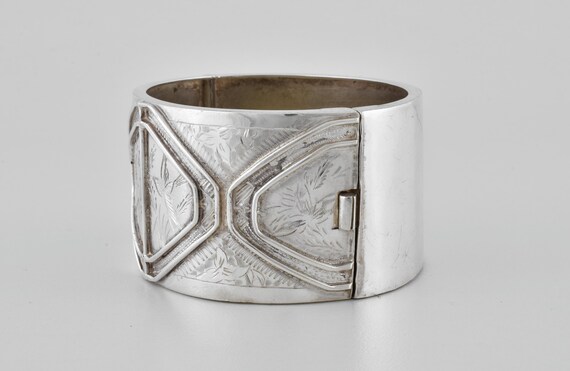 Antique Victorian Solid Silver Hinged Cuff Bracel… - image 2