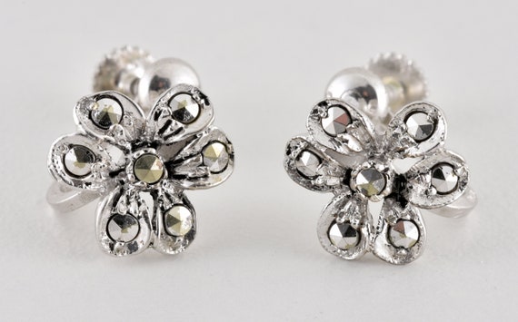Vintage Solid Silver & Marcasite Flower Earrings,… - image 1