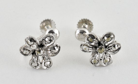 Vintage Solid Silver & Marcasite Flower Earrings,… - image 6