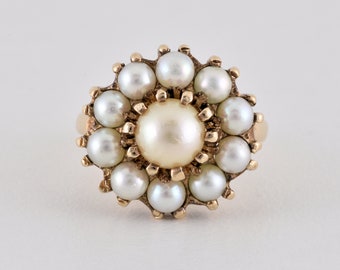 Vintage 9ct Rose Gold Pearl Cluster Cocktail Ring, London, 1963