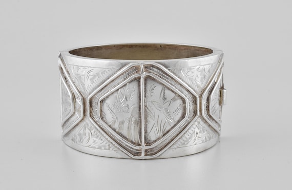 Antique Victorian Solid Silver Hinged Cuff Bracel… - image 1