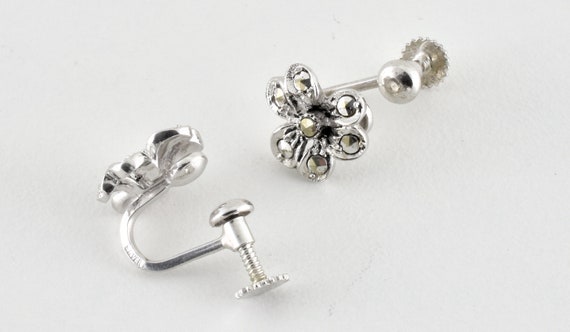 Vintage Solid Silver & Marcasite Flower Earrings,… - image 4