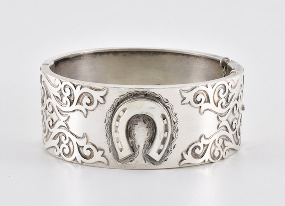 Antique Victorian Solid Silver Hinged Bracelet, B… - image 1