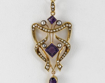 Antique Victorian/Edwardian Art Nouveau 15ct Gold Amethyst Seed Pearl Pendant