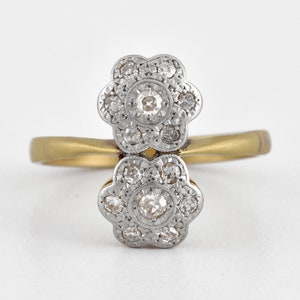 Antique Art Deco 18ct Gold Double Daisy Diamond Cluster Ring, 1920&#39;s/30&#39;s, Size: UK R, USA 8 3/4
