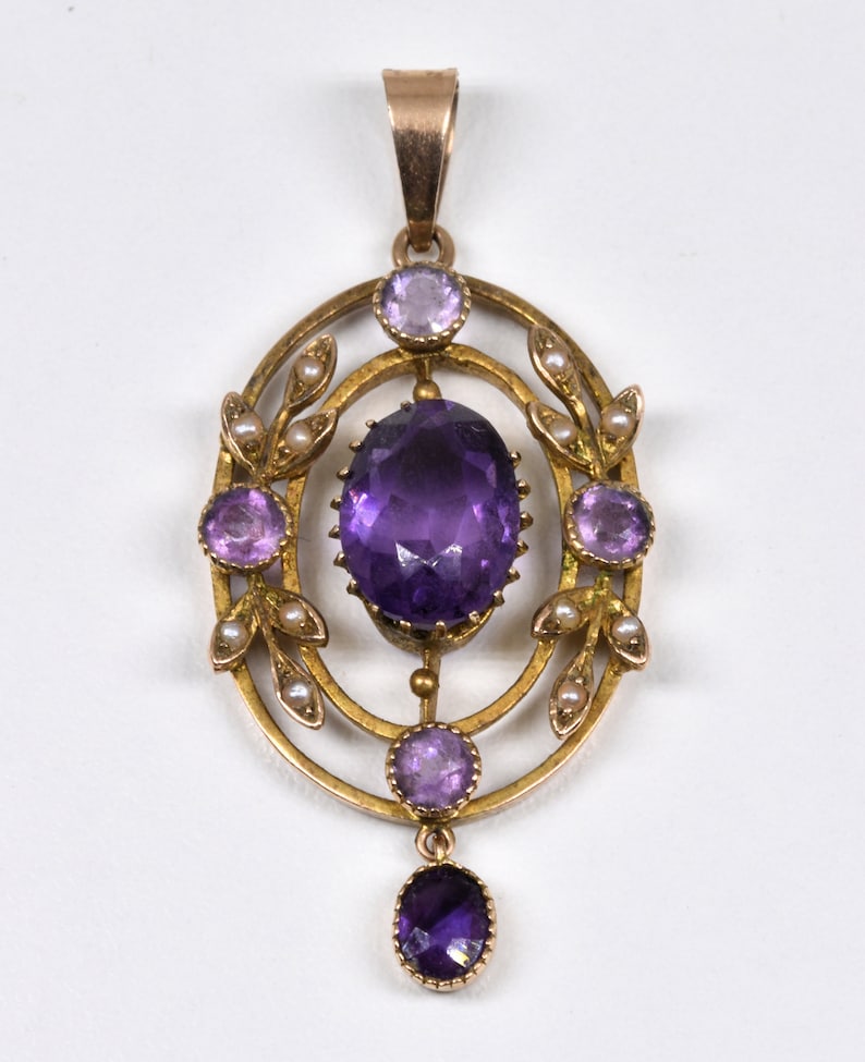 c1880 Antique Victorian 9ct Gold Amethyst /& Seed Pearl Pendant