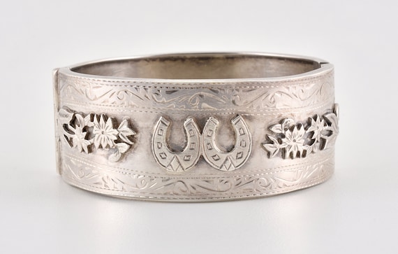 Antique Victorian Solid Silver Hinged Bracelet, C… - image 1